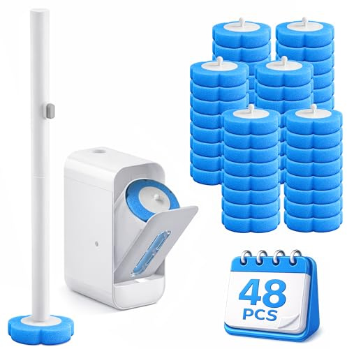 Disposable Toilet Brush Wand with Holder: 48 Refills Long Handle Wall Mounted Storage Caddy - Sudsy Cleaning System Kit for Bathroom Bowl Bathtub Sink Basin in Tiny Spaces