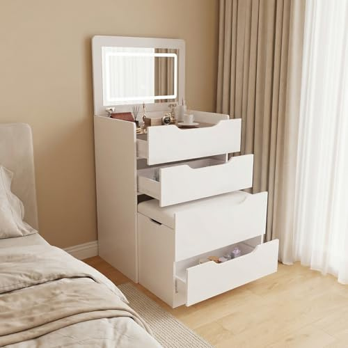 DATO Pequeño tocador con espejo plegable y LED, 3 modos de luz ajustable, cómoda 3 en 1 con silla y cajones, mesa de cosméticos con placa de cristal visible (DT253)