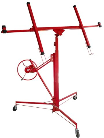 Monucep XXL plattlyft 68 kg, gips, monteringshjälp för 1-mans drift, höjd 132–335 cm, skivstöd upp till 295 cm bred, tak- och väggmonterad av rigg och träpaneler, röd