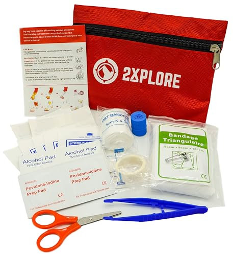 2XPLORE Small First Aid Kit for Travel, Homes, Offices, Vehicles, Camping, Workplaces & Outdoors. Red 37 Piece Personal First Aid Kit.