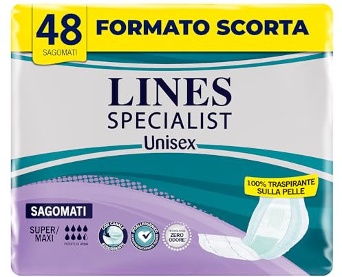 Lines Specialist, Pannoloni Sagomati Assorbenti per Incontinenza Donna e Uomo, 100% Traspirante, Zero Odore, Assorbenza Alta, 4 Confezioni da 12 Unità