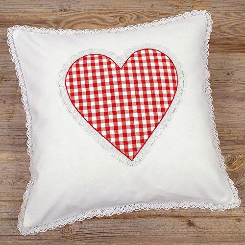 Kissen-Bezug in 40x40 cm für Deko-Kissen Sofa-Kissen - Baumwolle Kissen-Hülle HANNE im Landhaus-Stil Herz rot weiß kariert - Waschbarer Reißverschluss Zierkissen-Bezug für Couchkissen