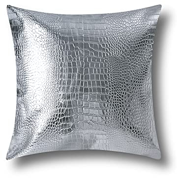 Artscope Krokodilmuster PU-Leder Kissenbezug Dekorativen Wasserdicht Kissenhülle Moderne Minimalist Kissen Fall für Sofa Schlafzimmer Balkon Garten 45x45cm Silber