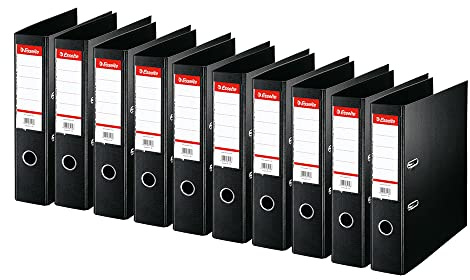 Esselte | Classeur à levier A4 Standard | Lot de 10 | Capacité 550 feuilles | Dos 75 mm |PP | Griffes de blocage | Étiquette de dos interchangeable | Bureau, Ecole, Maison | Noir | 320250