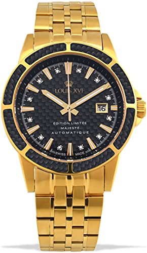 LOUIS XVI Majesté 1112 Montre analogique automatique pour homme avec bracelet en acier inoxydable doré et noir en carbone véritable diamants, Bracelet