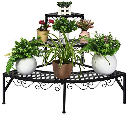 COSTWAY Scaffale Portafiori a 3 Ripiani, Porta Piante da Esterno e Interno a Scala, Scaffale Porta Vasi di Metallo per Balcone, Soggiorno e Giardino, 59 x 59 x 61 cm