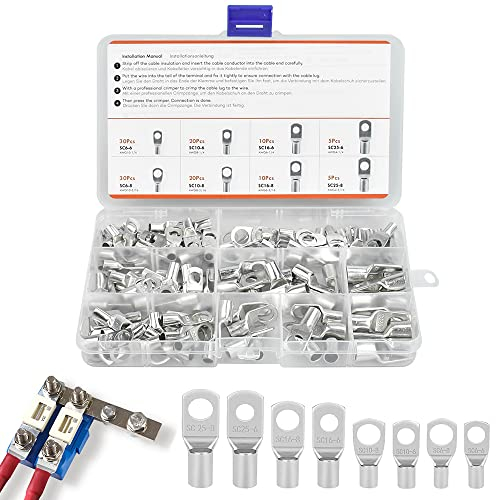 PEALOVCOM Kabelschuhe Set,130 Stück Rohrkabelschuhe Bolzenloch Kupferklemmen Verzinnt Ringkabelschuhe Set für 25mm² 16mm² 10mm² 6mm² Kabel und M6 M8 Schrauben