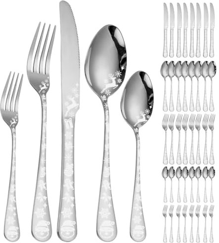 XIAOYU 40 pièces style de Noël argenterie Set de 8 pièces, ensemble de vaisselle en acier inoxydable, flocon de neige père Noël Moose motif design, cuisine salle à manger vaisselle