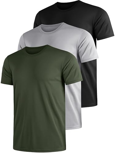 Funktionsshirt Herren Sport T Shirt Kurzarm 3er Pack Atmungsaktiv Männer Tshirt Sportkleidung Workout Schnelltrocknend Sportshirt Funktion Training Laufshirt Grün Grau Schwarz(XL)