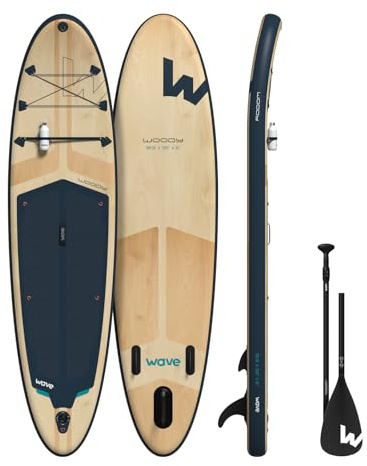 Wave Woody 2.0 uppblåsbar stå-paddleboard – ultraportabel premium paddelbräda, med träeffektfinish, halkfri fotdyna, kompletta iSUP-tillbehör och resväska | 10'9 fot | marinblå