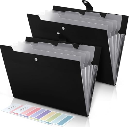 SKYDUE Pack of 2 Fan Folders, Folders, File Files, A4 Document Folder, with Labels, 5 Compartments File for Office, School (Black)