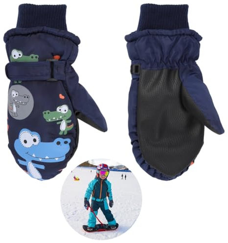 Chewtoyo Skifäustlinge mit Dinosauriermotiv für Kinder, wasserdichte und winddichte Winterhandschuhe mit Korallen-Fleecefutter, Fäustlinge für Kinder von 4-8 Jahren