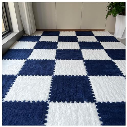 YMXBHN Interlocking Carpet Tiles,Soft EVA Foam Mats,10pcs 30x30x1cm Thickend Plush Puzzle Play Mat,Foam Tiles,Fluffy Area Rugs for Bedside of Bedroom(Color:White + Navy Blue)
