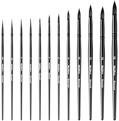 Nicpro 12 Stück Aquarellpinsel Set mit runden Spitzen, professionelle Watercolor Brush, weiche synthetische Fehhaarpinsel, Künstlerpinsel für Aquarell, Tinte, Gouache, Acryl und Öl