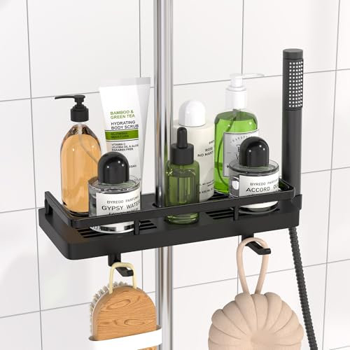 DIYGEEK Duschablage für Duschstange Schwarz, Duschregal ohne Bohren, Badezimmer Dusche Rack Verstellbar Höhe, Für Duschstange mit Durchmesser von 18mm - 25mm, 1 Stück