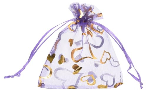 QUARKZMAN Bolsa de Organza, 10 x 12cm Bolsas de Regalo con Corón, con Patrón de Corazón, Bolsitas Regalos Pequeñas para Fiesta, Joyas, Dulces, Bodas Morado Claro-Dorado 50Pcs