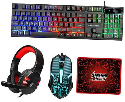 NUOBESTY 1 Ensemble Set Clavier Ergonomique Filaire Souris Casque et Tapis de Souris USB Accessoire Informatique Multi avec Rétroéclairage pour Bureau et Gaming