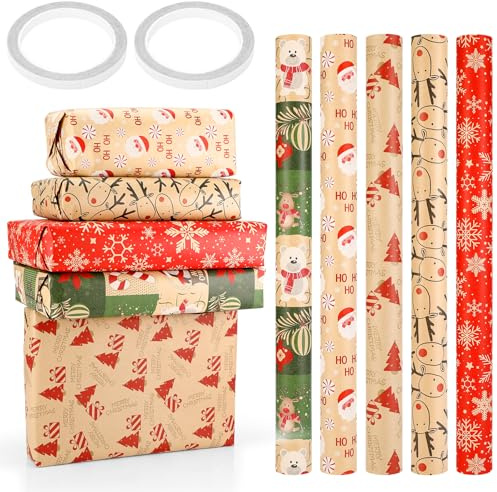 Papel De Regalo De Navideña Papel De Regalo 5 Hojas 43 × 300 Cm PapelS RegaloS Navideña Niños Cumpleaños Resistente Reciclad Para Cajas De Regalos, Envoltorio De Regalos, Decoración Navidad