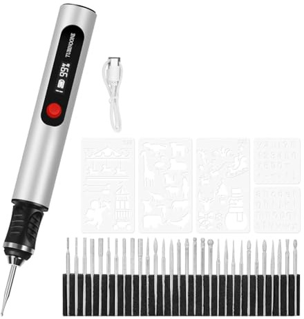Yarryuter Bolígrafo de Grabado para Artistas y Aficionados Al Bricolaje. Graba en Más de 50 Superficies. Ideal para Principiantes. Recargable. Incluye 30 Puntas y Guía de Maestría A