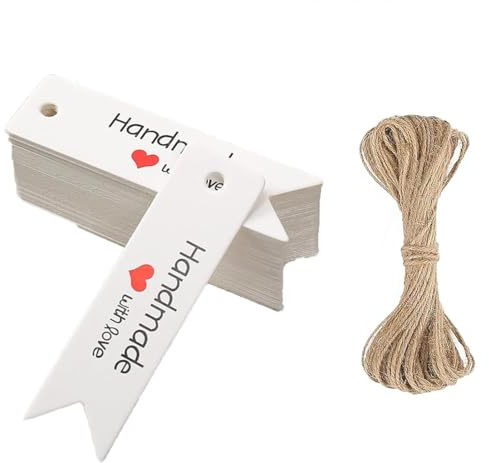 BIRLOZA 100 Pezzi Etichette Regalo Handmade with Love in Carta Kraft, Etichette con Cordoncino di Juta, Decorazioni Pendenti per Natale, Matrimonio, Compleanno, Pasqua, San Valentino (20 Metri)