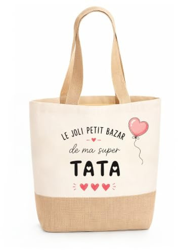 GAKVIBOPG Sac Cabas Cadeau Tata Toile et Jute Bicolore Super Pratique | Sac en toile 36x13x49cm pour courses, Le cadeau pour tata idéal ou cadeau tata anniversaire pratique au quotidien