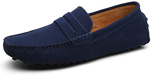 Men Moccasins Suede Penny Loafers Smart Slip On Driving Shoes Comfortable Breathable Flats Casual Walking Shoes Dark Blue 8.5 UK