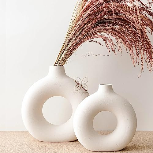 1x mengamu Donut Vase für Pampasgras, Blumenvase modern, Boho deko vase, Moderne Heimdekoration, dekorative Keramikvase, Tischdekoration, vase beige, Badezimmer, Wohnzimmer deko modern