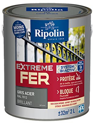 RIPOLIN – Pintura para hierro exterior – Glicero antioxidante – Base integrada – Aplicación directa sobre óxido – Resistente a las inclemencias del tiempo, UV y golpes – Brillante – 2L – Gris acero