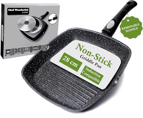 Chef Wonderful Non-Stick (28cm) Griddle Pan for Induction Hob, Marble Coating & Detachable Handle. Aluminium Steak Pan for All Induction Hob. Suitable for Gas & Oven Grilling.