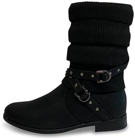 Pogolino Damen Stiefeletten Strick flach Stiefel gefüttert Boots, ST2912 Schwarz 41
