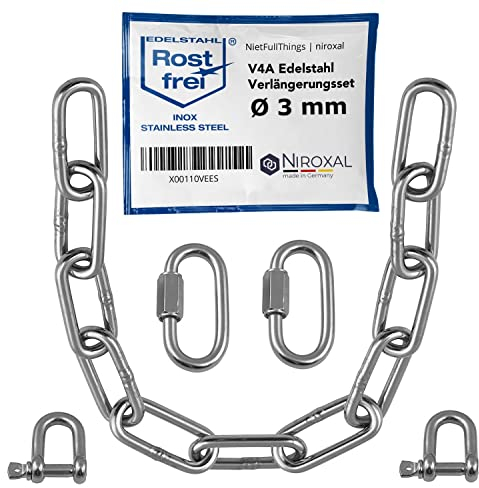 2 unidades de 50 cm = 0,5 m, 3 mm de grosor, cadena de extensión de acero inoxidable carga máxima de rotura de 350 kg con grillete conector de tornillo juego de fijación saco de boxeo hamaca hamaca