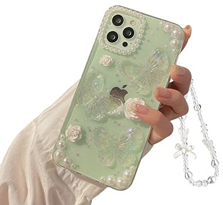 Ownest Kompatibel för iPhone 14 Pro MAX fodral med klar 3D fjäril blommig estetisk design för kvinnor flickor glitter söt kristall gnistfodral skyddsfodral pärlkedja