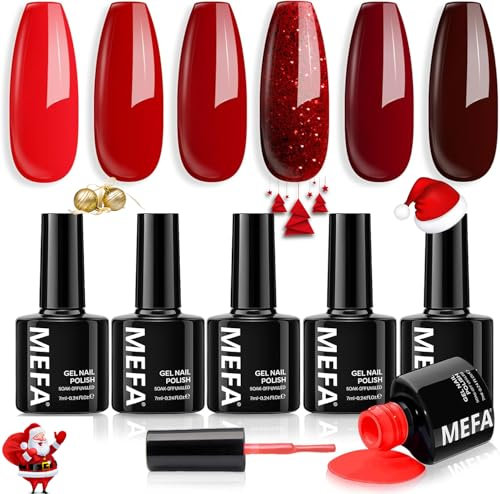 MEFA Gel Nail Polish Set - 6 Colors Dark Red Gel Polish Set with Shimmer Glitter for DIY Home Salon Manicure