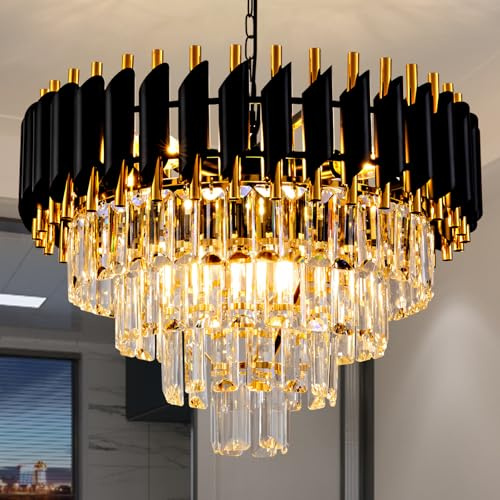 Aixialin Modern Chandelier Gold and Black Crystal Chandeliers 4-Tier 20 Inch Round Hanging Crystal Pendant 7 Lights Fixture for Dining Room Bedroom Living Room Farmhouse, Clear