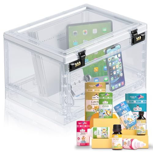 JAOGAUS Large Lockable Storage Box, Transparent Medication Storage Box, Large Capacity Lockable Medicine Box, For Medicine, Phone, Food, Combination Lock Box for Refrigerator Home Safety Kitchen