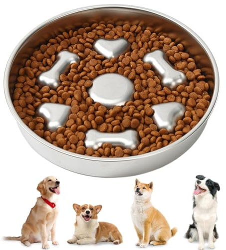 Slow Feeder Dog Bowls Small Pet Feeder Bowls Slow Eating Anti Choke Slow Feeding Cat Bowl Stainless Steel Dog Plate Bowls With Non-slip Rubber Bases Convex Pattern Design to Slow Down Eating