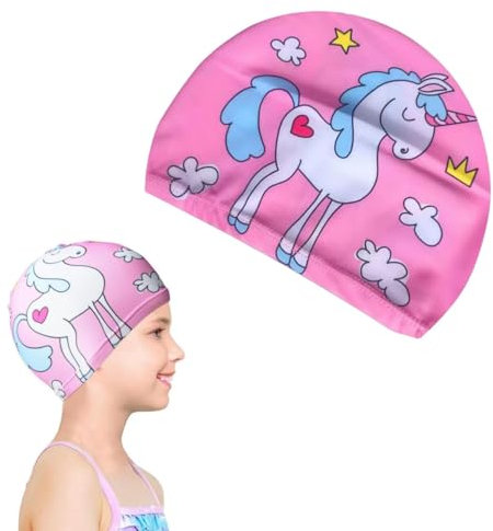 Bonnet de Bain Enfant, Bonnets de Bain pour Tresses, Bonnet de Piscine, Chapeau de Natation, Bonnet Polyester, Licorne Rose, Imperméable et hypoallergénique, Bonnet de Bain pour Filles de 3 à 15 Ans