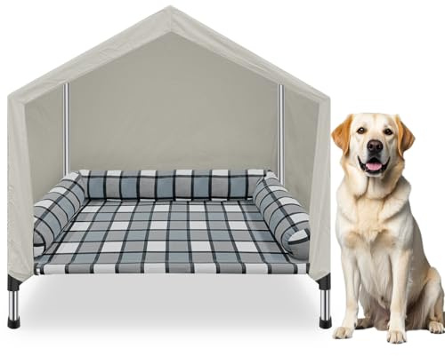 Elevated Dog Pet Bed House - Weatherproof 2-in-1 Indoor Outdoor Pet Cot with Canopy & Bolster Cooling Portable Raised Dog Bed with Pillow for Camping Beach (32 x 26 x 28)
