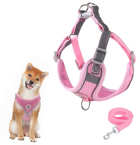 Harnais pour chien avec laisse - Harnais de poitrine respirant en maille respirante pour chiens de petite, moyenne taille et chiots - Rembourré et doux - Réglable - Harnais réfléchissant - Rose - XS