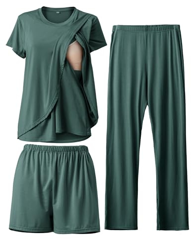 SUNNYBUY Pyjama d'allaitement 3 pièces pour la grossesse et l'allaitement | allaitement discret, haut d'allaitement, short et pantalon, taille réglable, doux et respirant, pour le quotidien et la