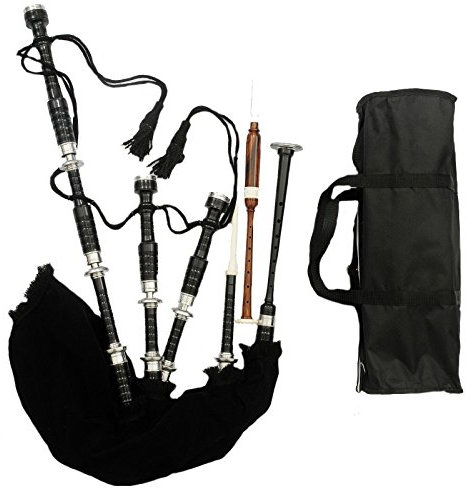 Schottischer Highland Dudelsack, schwarz, silber, Irischer Dudelsack, Rosenholz, spielfertig