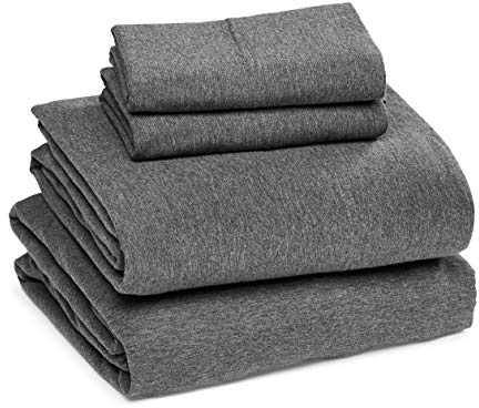 Amazon Basics 4 Piece Breathable 100% Cotton Jersey Bed Sheets Set, Machine Washable, Stretchy Flat and Fitted Sheets, Pillowcase, King, Dark Gray, Solid