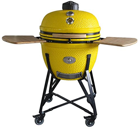 YNNI KAMADO TQ0C25YL - Parrilla con carro y mesas de bambú, color amarillo con alimentador de virutas, barbacoa, cerámica, huevo, ahumador, TQ0C25YL