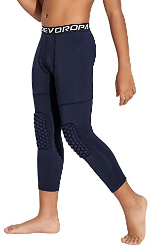 DEVOROPA Youth Boys' Compression Pants with Knee Pads 3/4 Basketball Athletic Tights Quick Dry Sports Workout Leggings Navy L