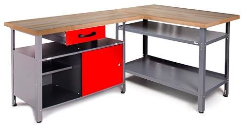 Ondis24 Werkstatt-Set Ecklösung Sparfuchs 120 x 120 x 85cm (H), 2x Werkbank aus Metall, melaminbeschichtete Arbeitsplatte, Problemlöser für Ecke (180x120, Rot)
