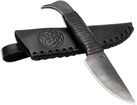 Toferner Cuchillo vikingo Cuervo de Odín, cuchillo nórdico forjado a mano con funda de piel auténtica, hoja endurecida, cuchillo nórdico, idea de regalo original para hombres