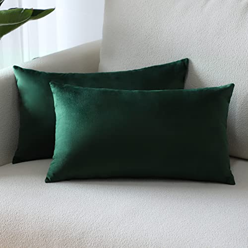 Sungeek Pack of 2 Velvet Cushion Covers Soft Decorative Pillow Covers with Invisible Zipper Luxury Throw Pillow Cases for Home Decor Sofa Bedroom Living Room 30x50cm Dark Green