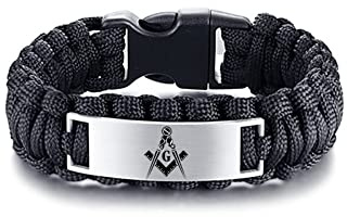 KBNSUIAN Braccialetto da uomo in paracord massonico intrecciato fatto a mano, con emblemi muratori, gioiello per muratura, nero, marrone, 22,9 cm, 9 inches, Paracord