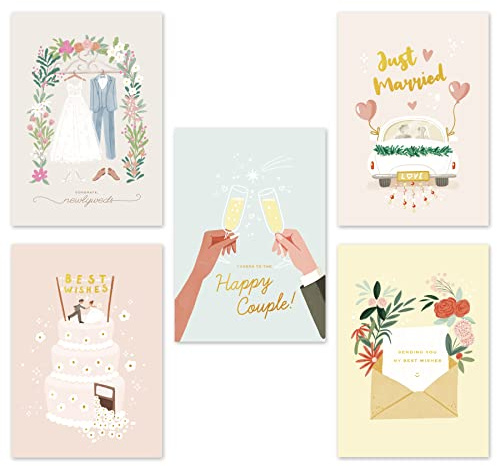 Wedding Cards for the Bride and Groom with Envelopes 5”x7”, Pack of 10 Assorted Cards, Blank Notes for Wedding Congratulations Card Bridal Showers Engagement Parties, Chic Designs with Real Gold Foil
