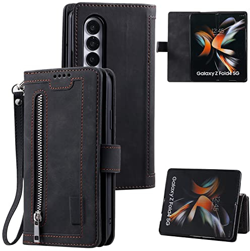 UEEBAI Wallet Case for Samsung Galaxy Z Fold 4 5G, Retro 9 Card Holder Slots Zipper Pocket Handbag Case PU Leather Magnetic Closure Kickstand with Wrist Strap TPU Shockproof Flip Case - Black